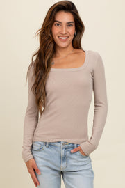 Beige Ribbed Square Neck Long Sleeve Top