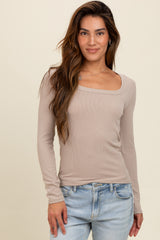 Beige Ribbed Square Neck Long Sleeve Top