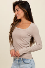 Beige Ribbed Square Neck Long Sleeve Top