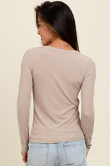 Beige Ribbed Square Neck Long Sleeve Top