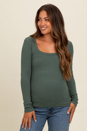 Green Ribbed Square Neck Long Sleeve Maternity Top