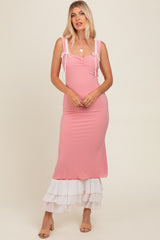 Pink Shoulder Tie Layered Hem Maxi Dress