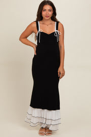 Black Shoulder Tie Layered Hem Maternity Maxi Dress