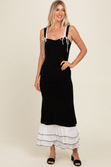 Black Shoulder Tie Layered Hem Maxi Dress