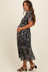 Black Floral Pleated Maternity Midi Dress