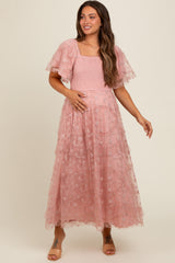 Pink Floral Embroidered Ruffle Tulle Maternity Midi Dress