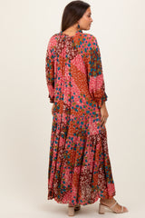 Fuchsia Floral Patchwork Front Tie Maternity Maxi Dress