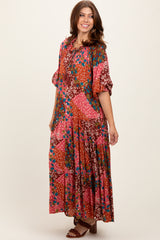 Fuchsia Floral Patchwork Front Tie Maxi Dress