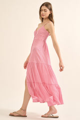 Bubble Gum Plaid Sweetheart Neck Button Front Maxi Dress