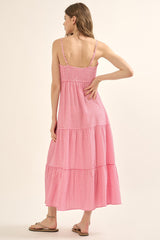 Bubble Gum Plaid Sweetheart Neck Button Front Maxi Dress