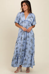 Blue Floral Chiffon Ruffle Accent Maxi Dress