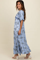 Blue Floral Chiffon Ruffle Accent Maxi Dress