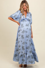 Blue Floral Chiffon Ruffle Accent Maternity Maxi Dress