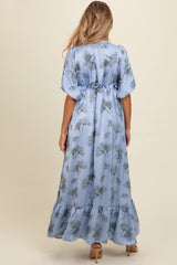 Blue Floral Chiffon Ruffle Accent Maternity Maxi Dress