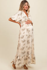 Cream Floral Chiffon Ruffle Accent Maternity Maxi Dress