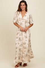 Cream Floral Chiffon Ruffle Accent Maternity Maxi Dress