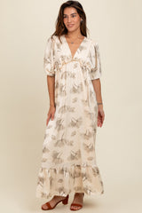 Cream Floral Chiffon Ruffle Accent Maxi Dress