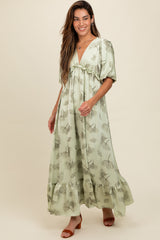 Light Olive Floral Chiffon Ruffle Accent Maternity Maxi Dress