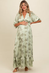 Light Olive Floral Chiffon Ruffle Accent Maternity Maxi Dress