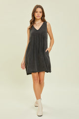 Black Mineral-Washed Gauze V-Neck Flare Mini