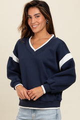 Navy Contrast Sleeve V-Neck Sweatshirt