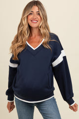 Navy Contrast Sleeve V-Neck Maternity Sweatshirt