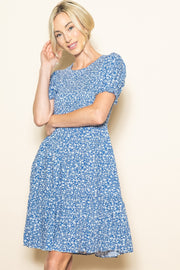 Blue Floral Puff Sleeve Smocked Dress