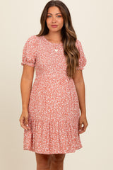 Peach Floral Puff Sleeve Smocked Maternity Dress