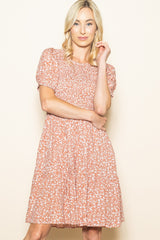 Peach Floral Puff Sleeve Smocked Dress