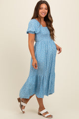 Blue Floral Smocked Ruffle Hem Maternity Midi Dress