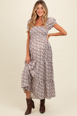 Brown Floral Puff Sleeve Smocked Maternity Maxi Dress