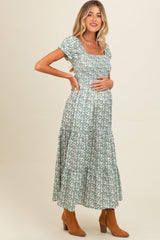 Olive Floral Puff Sleeve Smocked Maternity Maxi Dress