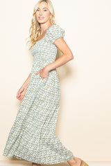 Olive Floral Puff Sleeve Smocked Maxi Dress