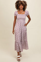 Mauve Floral Puff Sleeve Smocked Maxi Dress