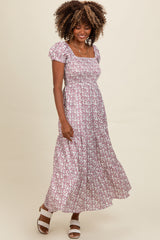 Mauve Floral Puff Sleeve Smocked Maternity Maxi Dress