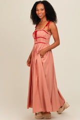 Salmon Contrast Ribbon Trim Maxi Dress