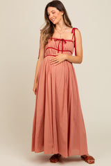 Salmon Contrast Ribbon Trim Maternity Maxi Dress