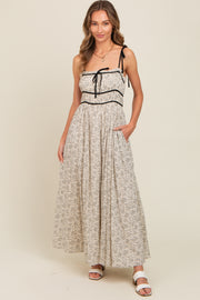 Cream Floral Contrast Ribbon Trim Maxi Dress