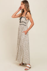 Cream Floral Contrast Ribbon Trim Maxi Dress