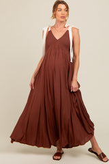 Brown Contrast Shoulder Tie Smocked Maternity Maxi Dress