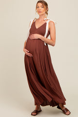 Brown Contrast Shoulder Tie Smocked Maternity Maxi Dress