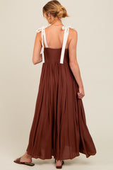 Brown Contrast Shoulder Tie Smocked Maternity Maxi Dress