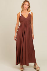 Brown Contrast Shoulder Tie Smocked Maxi Dress