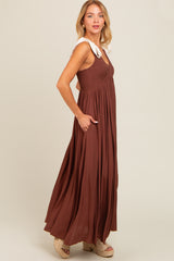 Brown Contrast Shoulder Tie Smocked Maxi Dress