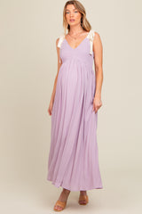 Lavender Contrast Shoulder Tie Smocked Maternity Maxi Dress