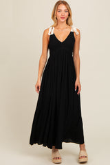 Black Contrast Shoulder Tie Smocked Maternity Maxi Dress