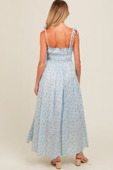 Light Blue Floral Ruched Bust Shoulder Tie Maternity Maxi Dress