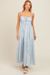 Light Blue Floral Ruched Bust Shoulder Tie Maternity Maxi Dress