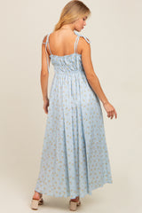 Light Blue Floral Ruched Bust Shoulder Tie Maxi Dress