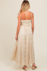 Cream Floral Ruched Bust Shoulder Tie Maternity Maxi Dress